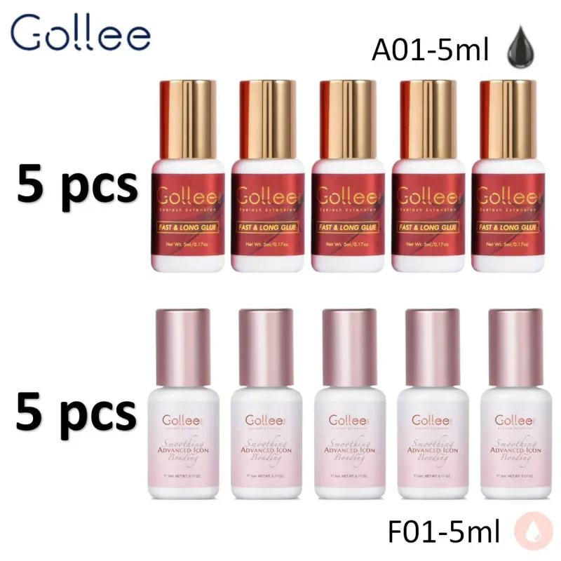Gollee 5pcs Pink Clear Eyelash Grafting Glue And Gollee 5pcs Fast Drying Black Eyelash Extension Adhesive Private Label Accepted