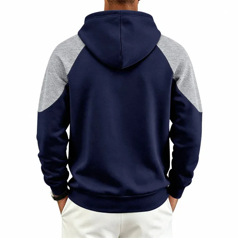 Autumn Winter Men Color Block Raglan Hoodie Textured Chest Panel Drawstring Kangaroo Pocket Loose Casual Streetwear Sweatshirt