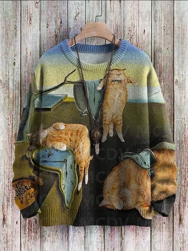 Cute Black Cat Flower Birds Art Pattern Print Casual Knit Pullover Sweater Classic Sweater Men's For Women's Pullover