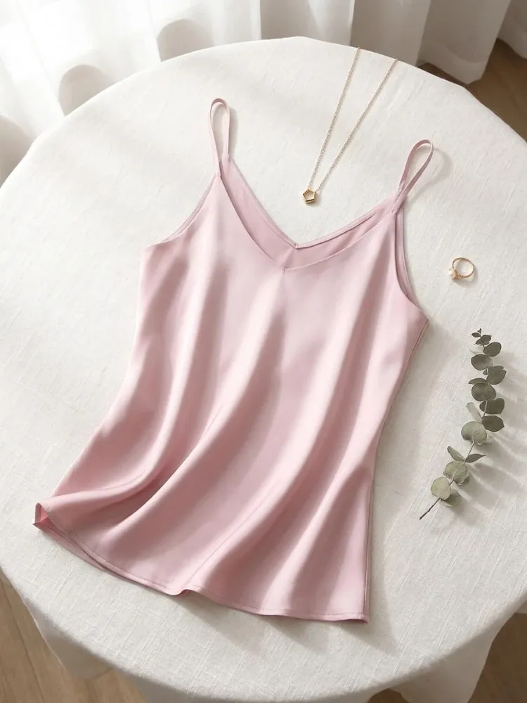 2026 verão cinta de espaguete feminino regata halter decote em v básico branco cami sem mangas cetim seda topos feminino