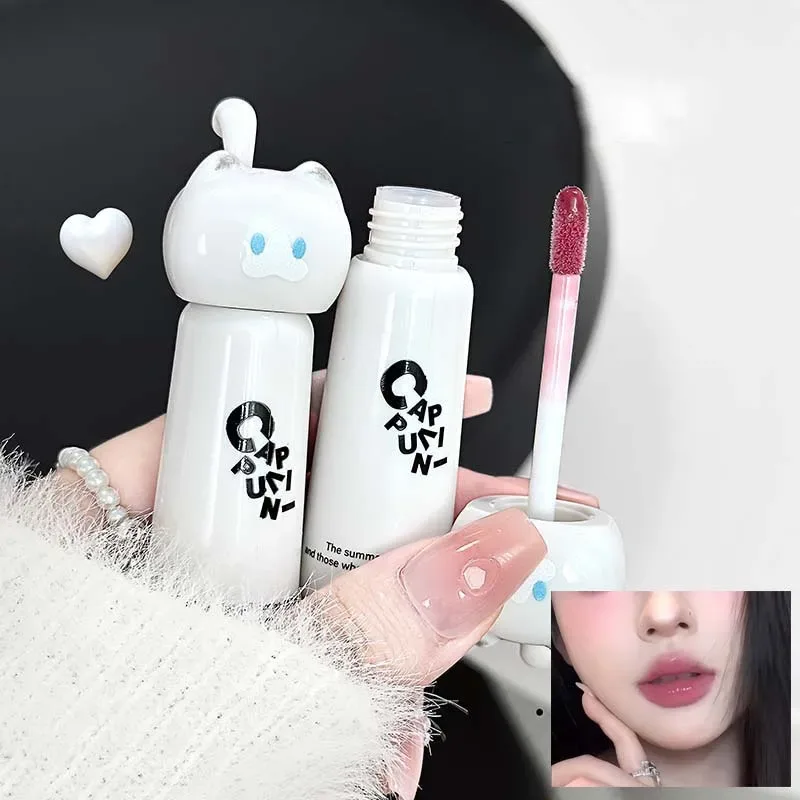 Gato bonito espelho de água brilho labial hidratante duradouro rosa damasco matiz labial esmalte nude batom coreano maquiagem menina