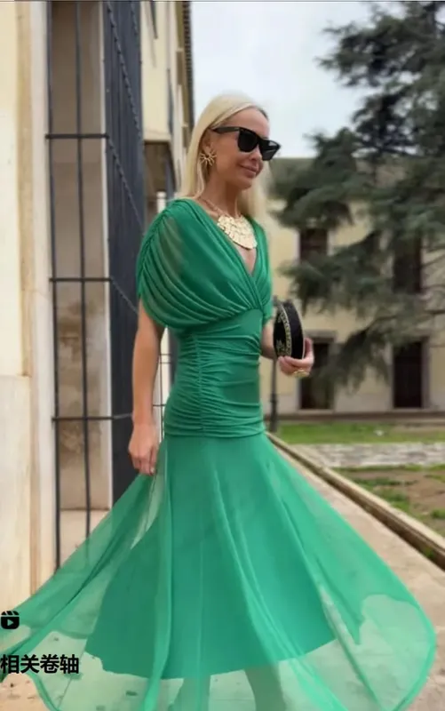 Feminino sólido profundo decote em v malha vestido longo elegante puff manga curta ruched cintura alta vestidos 2026 verão senhora casual rua robe