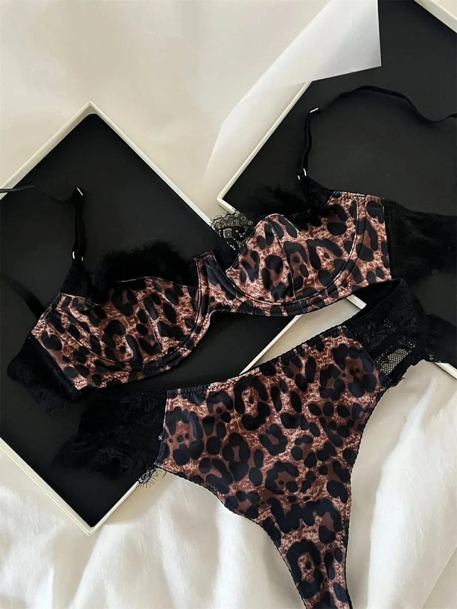 Conjunto de roupa íntima francesa leopardo sexy anel de aço renda triângulo copo sutiã breve ternos moda vintage push up lingerie ins bodycon