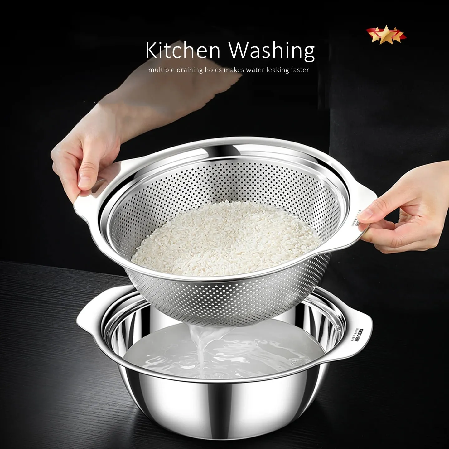 Certificação LFGB 304 Bacia de drenagem de lavagem de cozinha em aço inoxidável 23cm ~ 31cm de diâmetro Coador com furos pequenos densos