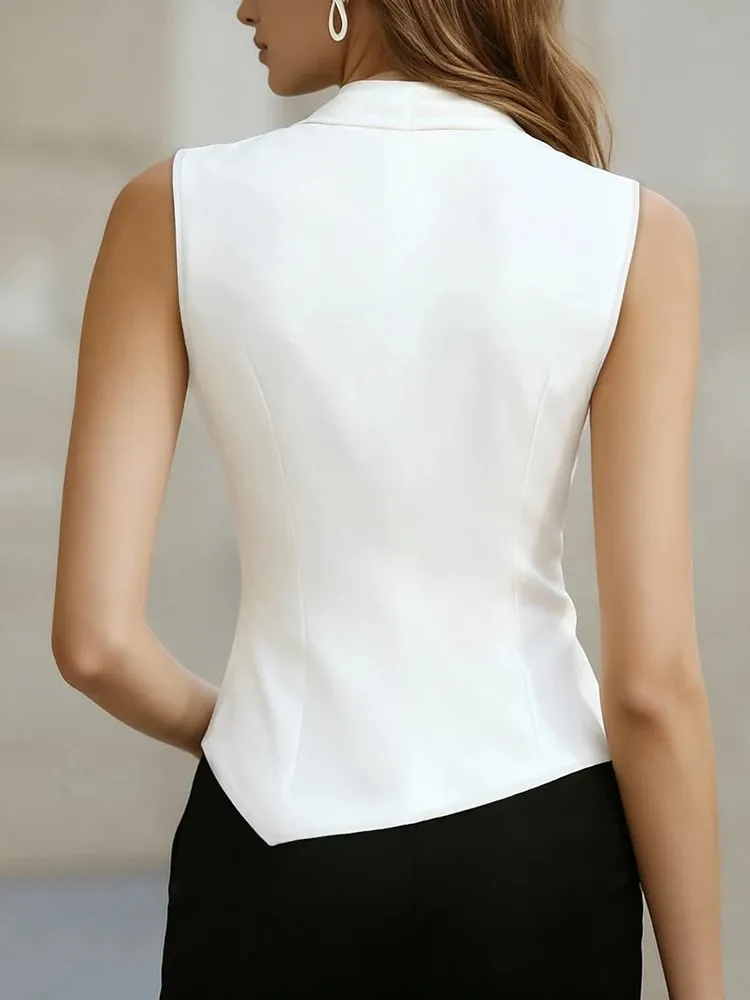 Simples e elegante charme high-end sentir bainha irregular decote plissado com decote em v sem mangas topo roupas femininas