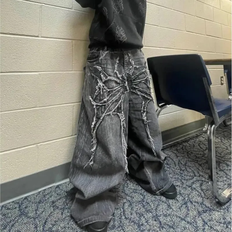 Y2k retro oversized baggy unissex esfregar calças fantasma jeans homens alta rua aranha bordado remendo hip hop streetwear gótico
