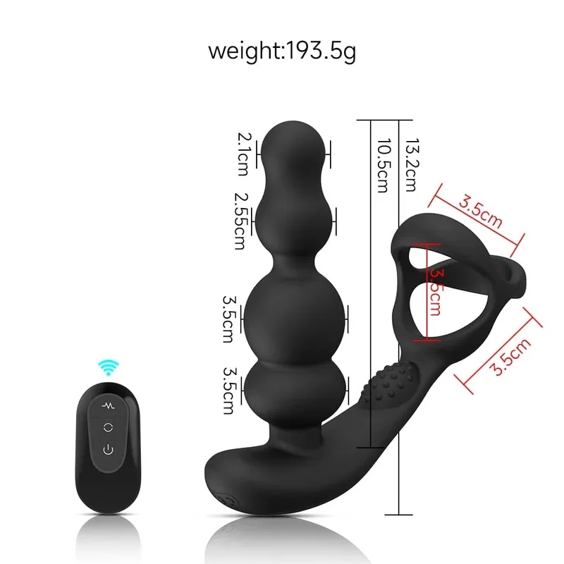 Massageador de próstata de contas anais rotativas de 360 ° com controle remoto de anel peniano vibratório - Brinquedo adulto para homens