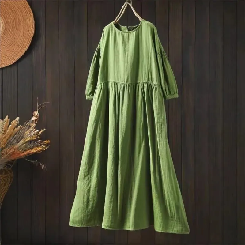 Johnature vestidos femininos de algodão vintage, gola redonda, meia manga, macio, cor sólida, roupões, verão 2025, novo, casual, linha a, vestido feminino — image 2