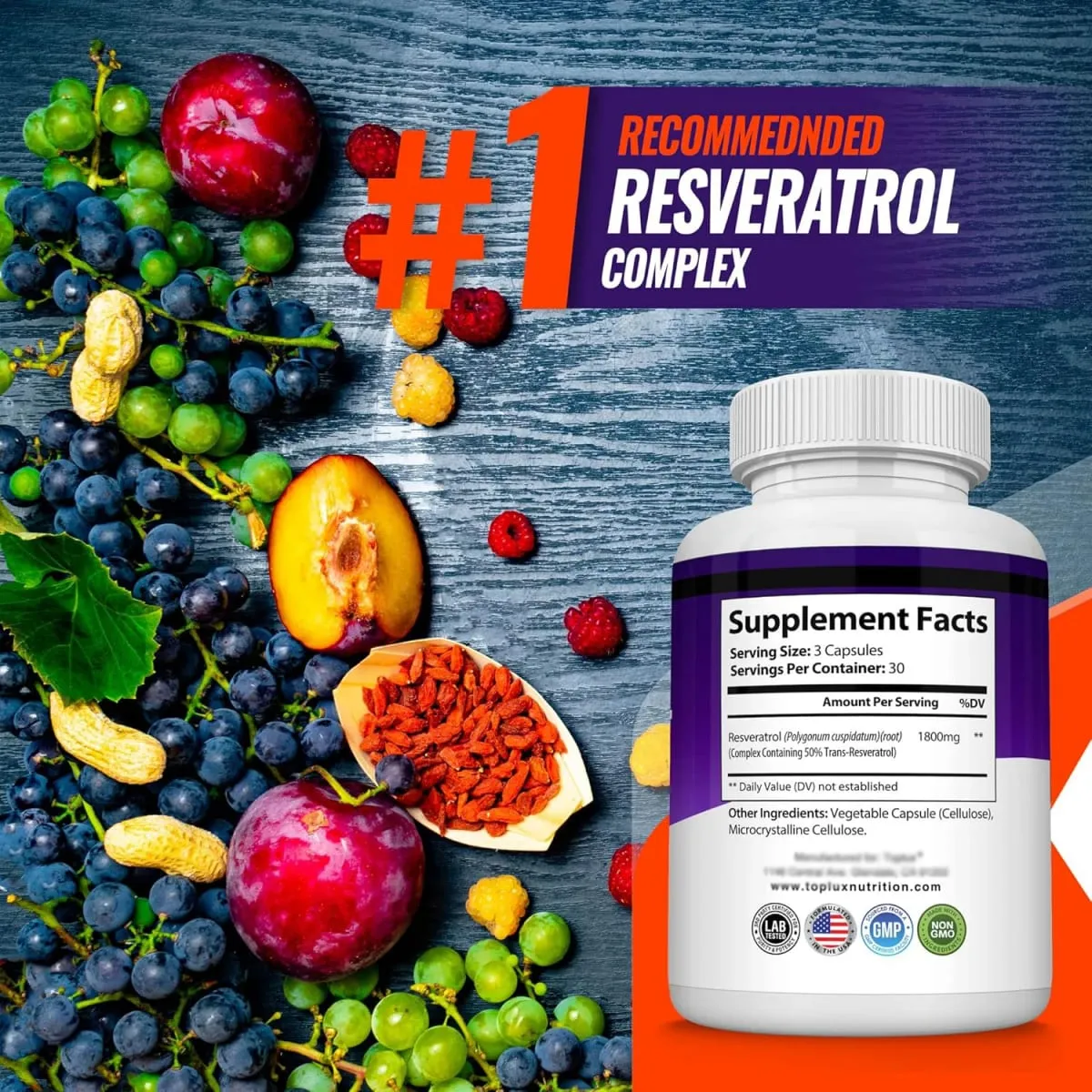 Complexo de Resveratrol - Suplemento de Resveratrol Trans com Semente de Uva - Promove o envelhecimento saudável, função cerebral do sistema imunológico 90 comprimidos