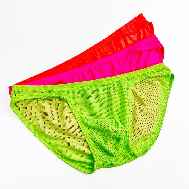 Cuecas de biquíni masculinas de malha neon, cor sólida, cintura elástica, multi cores, cintura baixa, bolsa convexa, respirável, secagem rápida, bs839, 1 peça