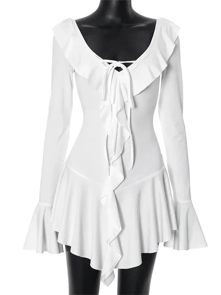 Tossy babados rendas-up branco mini vestido feminino com decote em v retalhos manga longa sexy vestido fino bandagem elegante vestido de verão feminino — image 7