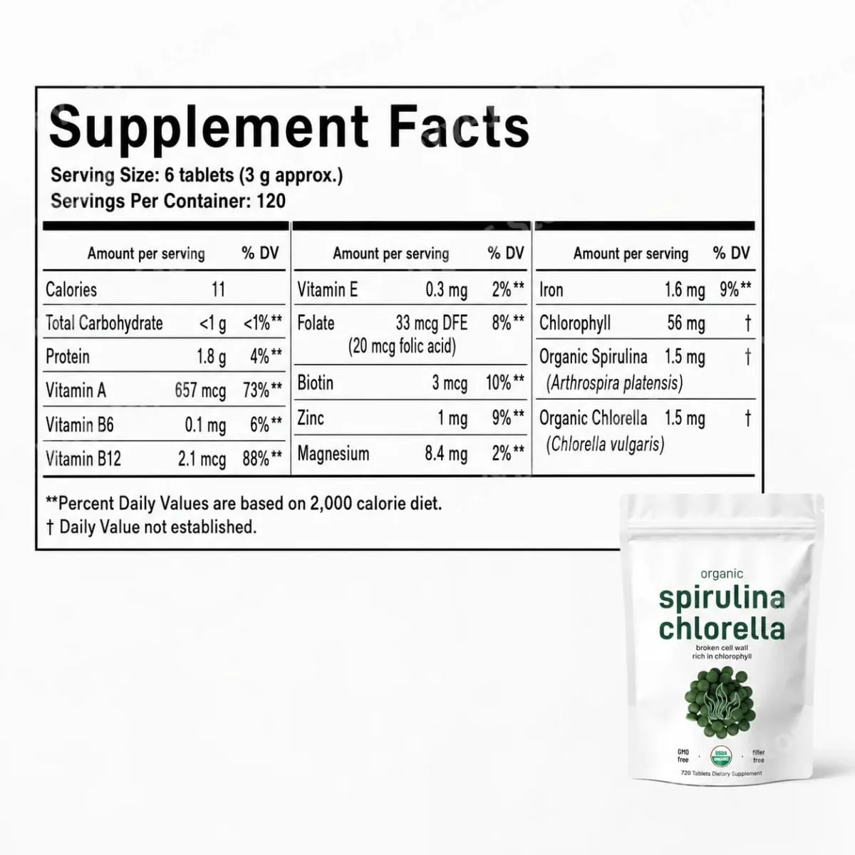 Comprimidos orgânicos de Spirulina Chlorella 3000mg Mistura de superalimento de 720 contagens com proteína vegana, energia, imunidade, suporte digestivo — image 2
