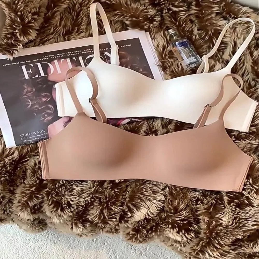 Sutiã sem fio macio e confortável, tecido respirável, copo fino, push up, design reunido, tubo sem fio, lingerie, beleza