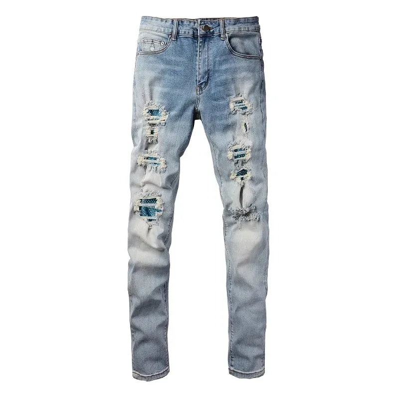 Homens de cristal remendo jeans jeans streetwear azul retalhos calças estiramento rasgado angustiado magro cônico calças