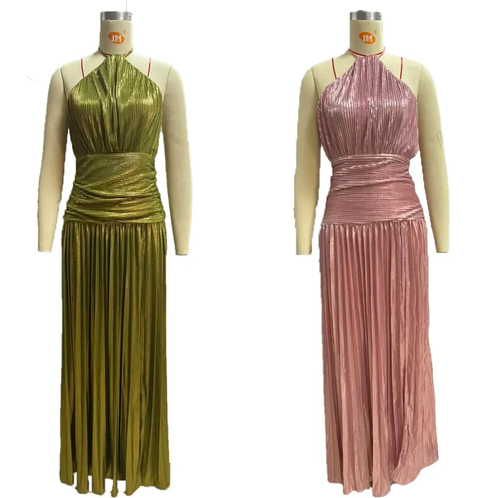 Gold Halter Neck Evening Dress Woman Chic Solid Color Pleated Backless Package Hip Slit Dress Fashion Trendy Lady Party Vestidos