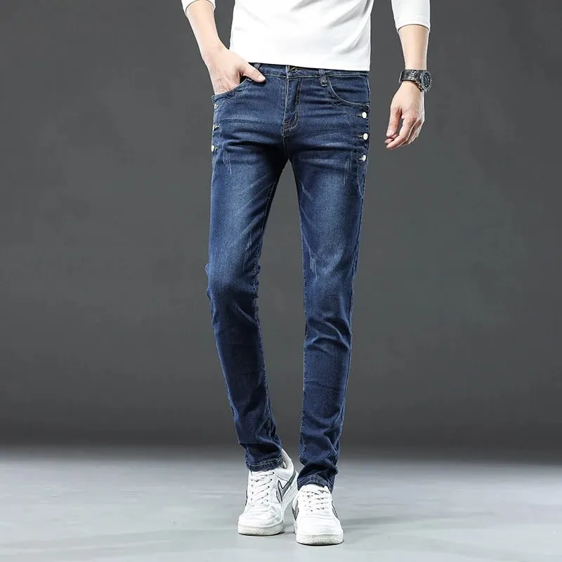 Novos homens magro coreano botão jeans preto magro cor sólida estiramento multi-botão juventude masculino calças jeans streetwear