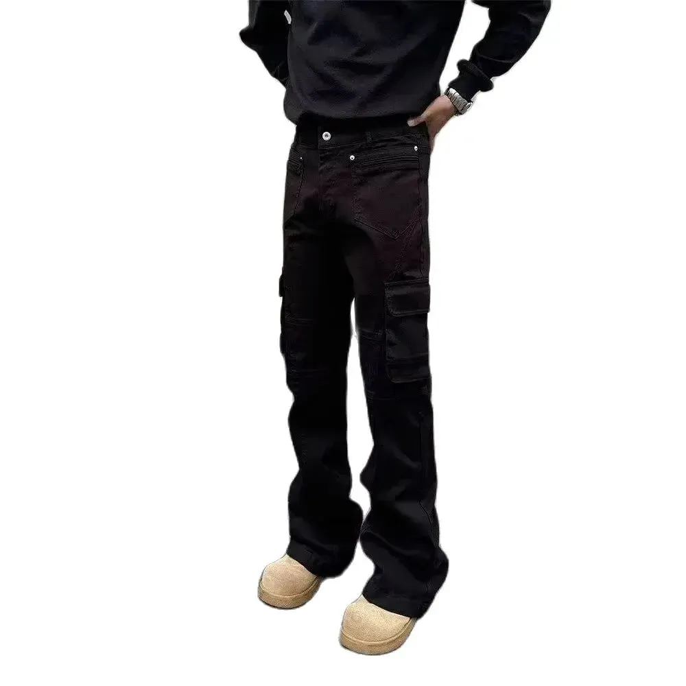 American style Vibe retro heavy industry multi pocket splicing workwear jeans men's straight tube micro flared slim fit long pan