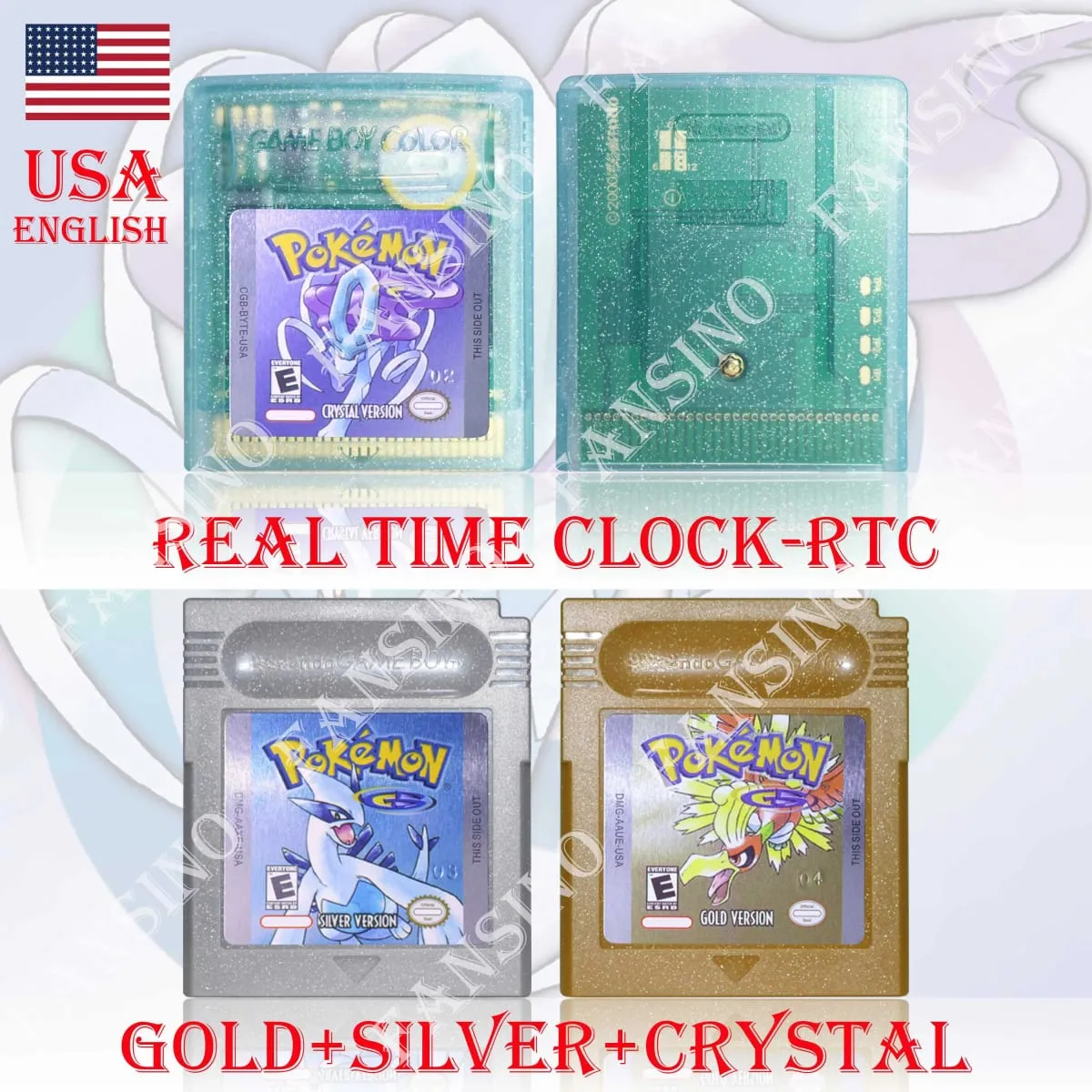 GB/GBC Real Time Clock Pokemon Crystal/Gold/Silver Version Video Game Cartridge with Battery USA/NOE/FRA/ESP/ITA Version