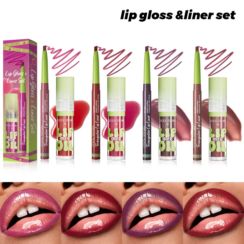 2 pçs delineador labial gloss conjunto 2 em 1 batom suave lábios contorno kit de maquiagem fosco lipliner para mulheres plumping óleo combinação cosméticos
