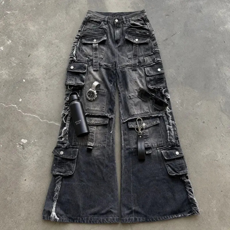 Y2k preto multi bolso carga calças de brim das mulheres dos homens perna larga angustiado bainha desgastada bolsos botão detalhe baggy streetwear calças