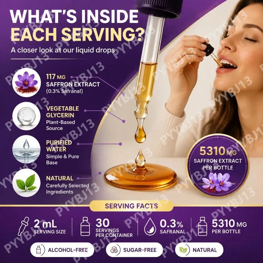 Gotas líquidas de extrato de açafrão 117mg por porção para antioxidante, humor equilibrado, sono saudável e suporte de conforto pré-menstrual 60ML