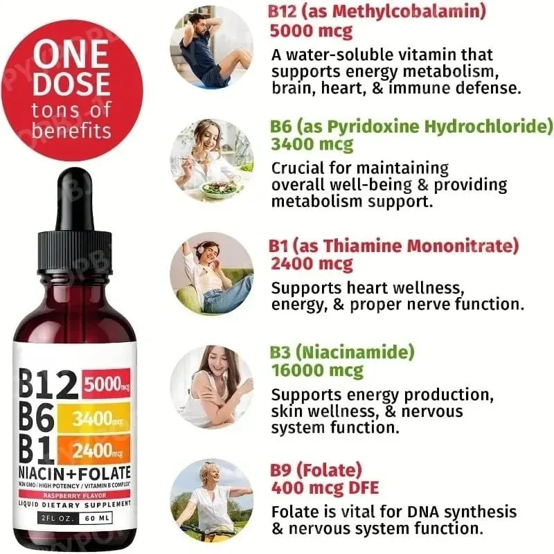 Gotas líquidas de complexo de vitamina B 5 em 1 B12 B6 B1 Niacina Folato Suporte para metabolismo de energia normal Saúde do sistema imunológico
