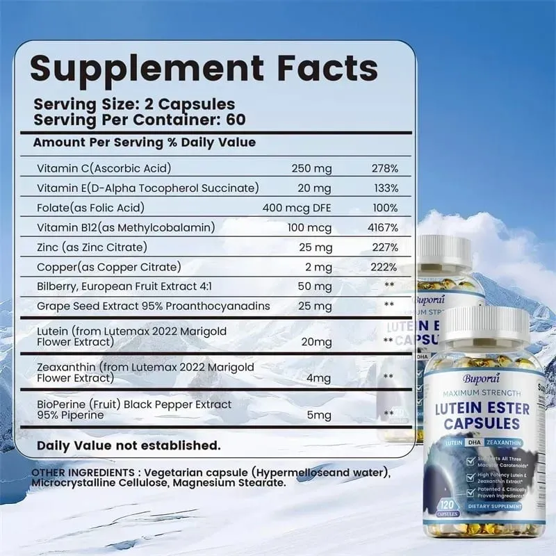 Cápsulas de éster de luteína - com vitaminas de zinco C e zeaxantina para olhos secos, fadiga, melhoram a função visual para olhos saudáveis