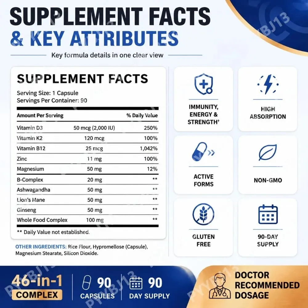 Multivitamínico para homens 90 cápsulas Complexo B B12 Vitamina D3 K2 Zinco Magnésio Mistura de extrato de planta Não OGM Suporte de nutrição diária