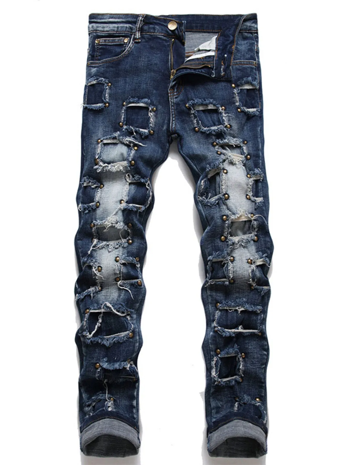 Novo punk jeans masculino com contas de unhas múltiplos buracos retalhos estilo mendigo moda masculina rua personalidade pequena reta