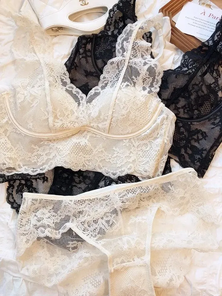 Conjunto de bralette de renda – Sutiã anti flacidez sem fio, lingerie respirável ajustável, sem arame, confortável, fino, sexy, uso diário