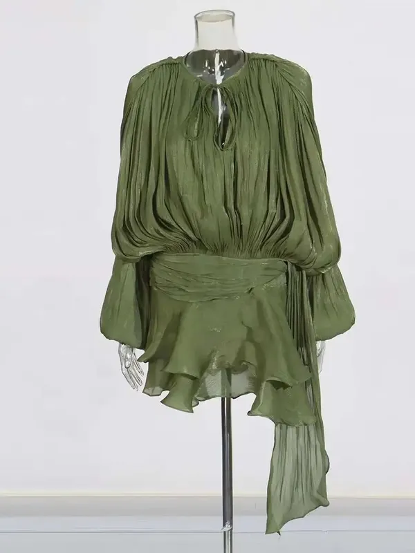 Blusa sólida mini vestidos para mulheres com decote em v manga longa emendado rendas até vestido estilo doce roupas femininas moda — image 20