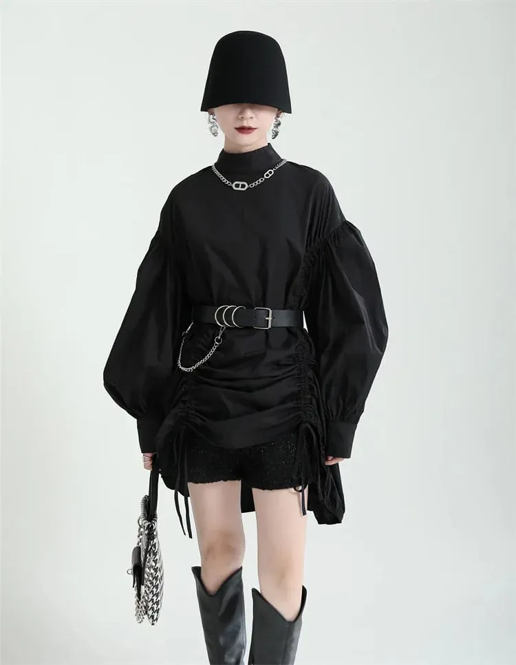 2025女裝不規則抽繩大尺寸白色襯衫新款立領長袖襯衫時尚潮春秋