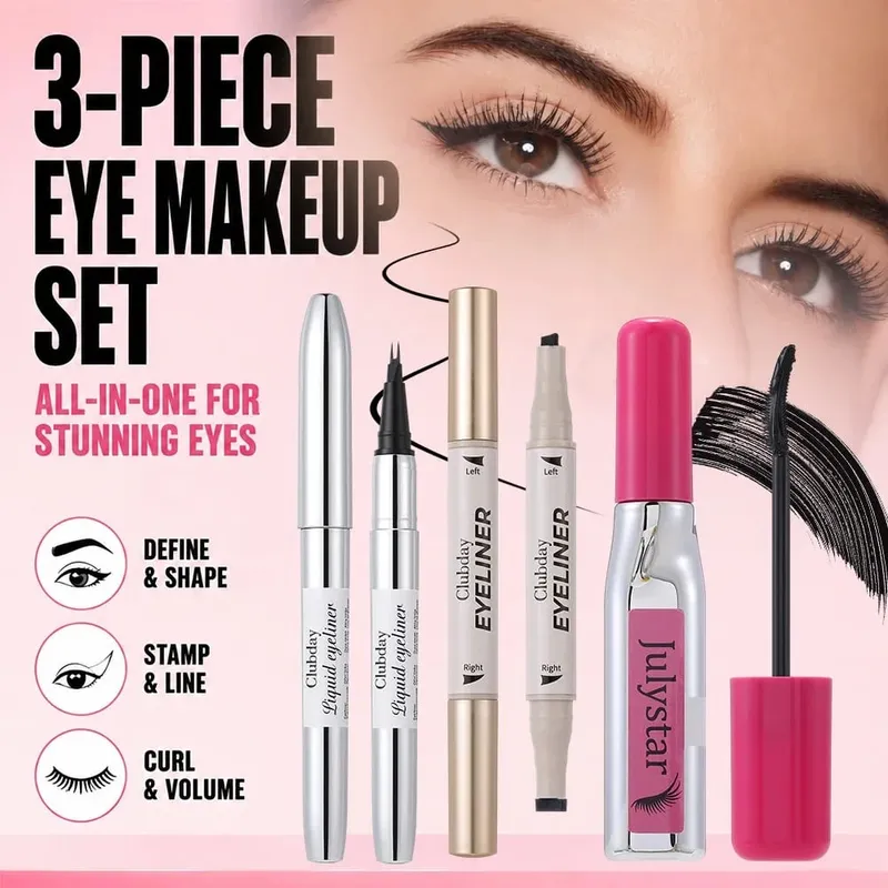 Kit de olhos de 3 peças de longa duração, delineador de sobrancelha de ponta dupla, delineador com estampa de asa, rímel volumizador, cria looks deslumbrantes