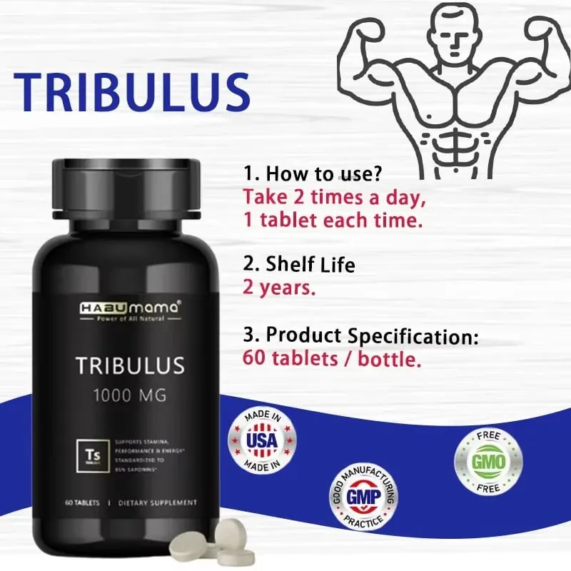 Comprimidos de Tribulus Terrestris de alta pureza, suplemento masculino que aumenta a resistência energética e ação rápida 60 comprimidos