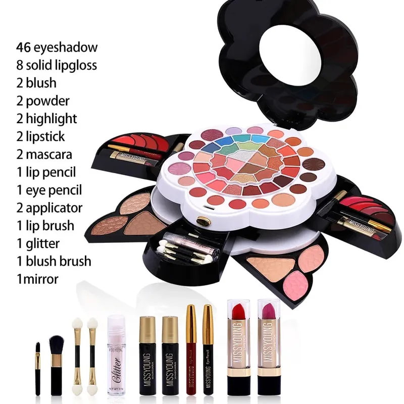 Kit de estojo de maquiagem multifuncional, mais vendido, sombra, batom, blush, paleta de destaque, longa duração, portátil, conjunto cosmético completo