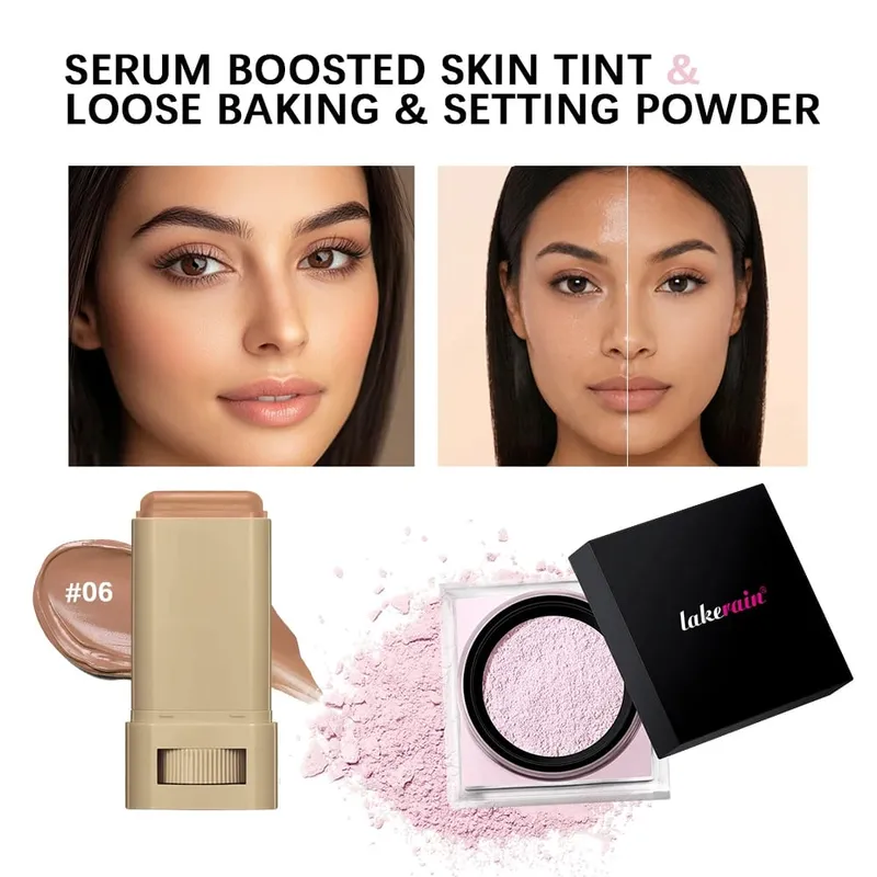 2pcs Foundation Tint Stick & Setting Powder Cosmetics Kit Coverage Even Skin Long Lasting Oil Control Matte Makeup Kit