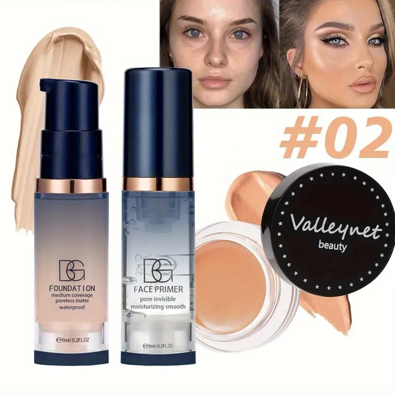 3 unidades/conjunto conjunto de rosto de veludo base + primer + corretivo efeito fosco à prova d'água e de longa duração adequado para iniciantes conjunto de viagens.
