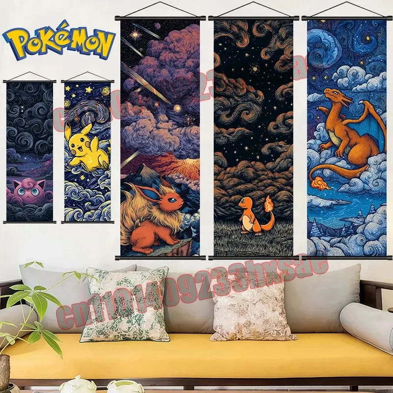 Printed Pokemon Poster Anime Wall Artwork Gengar Eevee Pikachu Images Scroll Paintings Retro Artist Home Living Room Decor