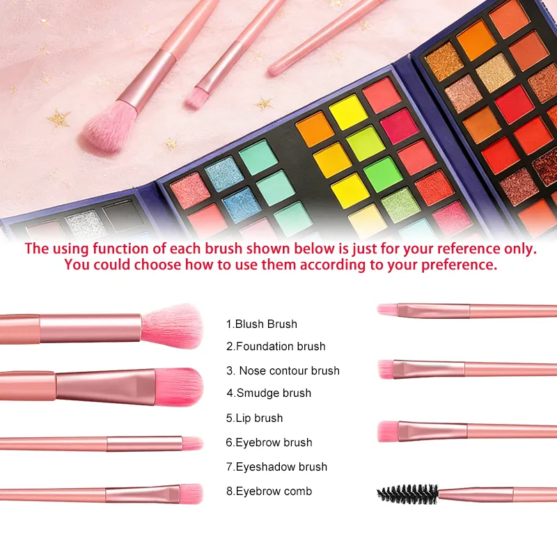 Paleta de sombras com 72 cores, 8 peças de pincéis de maquiagem, brilho fosco, brilhante, colorido, kit de maquiagem para palco de festa