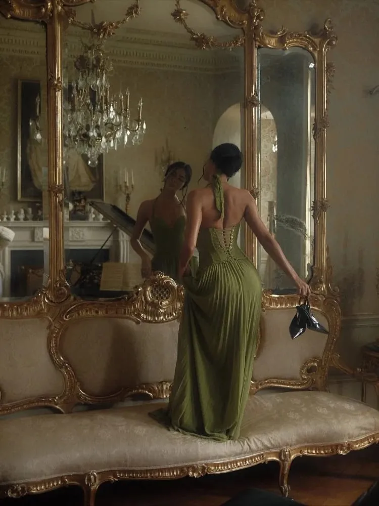 Chique verde espinha de peixe halter vestido longo senhora sexy sólido sem costas plissado fora do ombro vestidos de linha a 2026 novo vestido de festa de natal