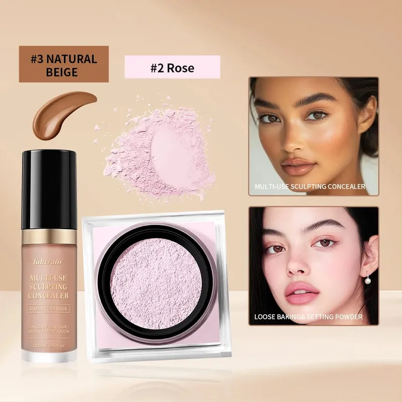2pcs Face Makeup Set With Concealer And Loose Setting Powder Natural Face Smooth Matte Finish Women Cosmetics Korean Makeup