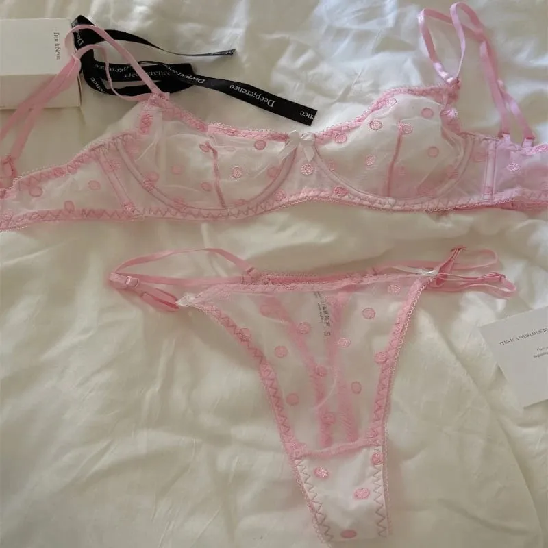 Conjunto de roupa íntima francesa ultrafina de renda de bolinhas estilo sedutor e inocente sutiã push-up que melhora o decote com armação macia