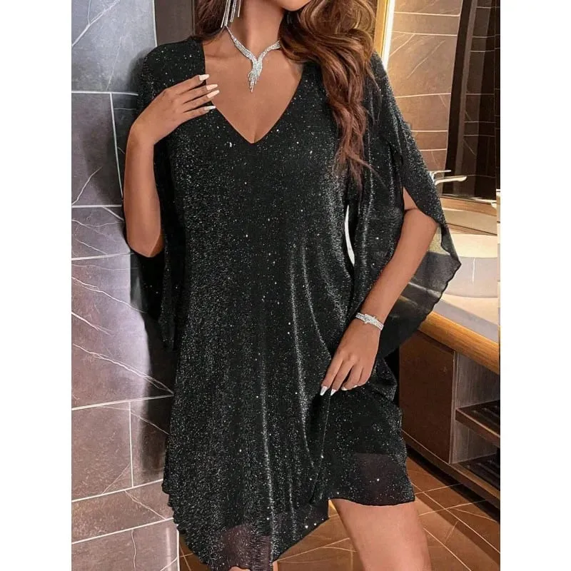 Bright Sequin Dresses Women V-neck See Through Chiffon Patchwork Irregular Half Sleeves Loose Mini Dress Female Vestidos 2024