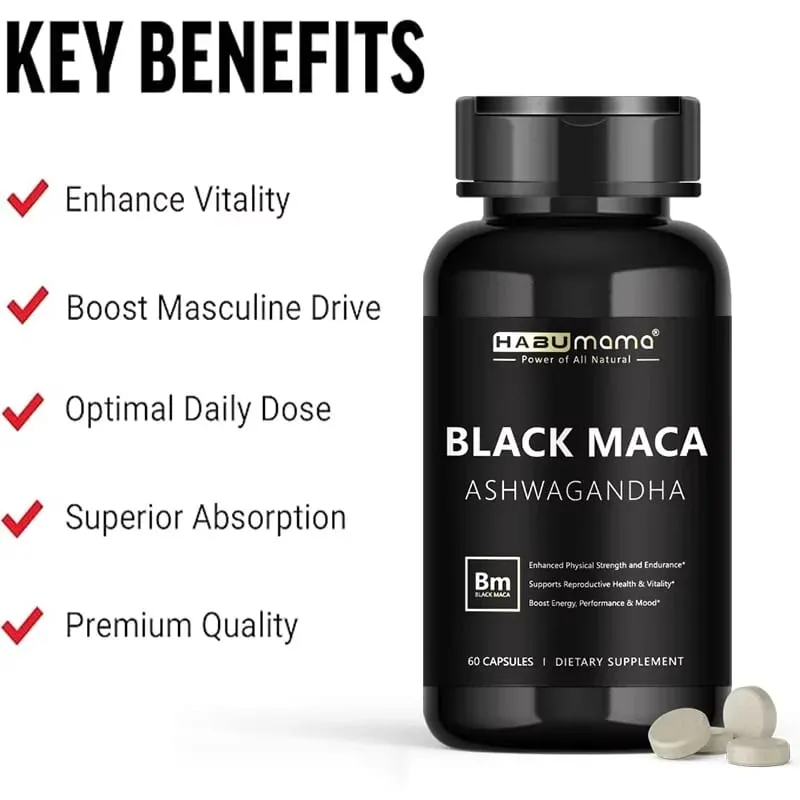 Organic Black Maca -60 Tablets 100% Pure Non-GMo Supports Reproductive Health Natural Energizer Stamina Performance Enhancer