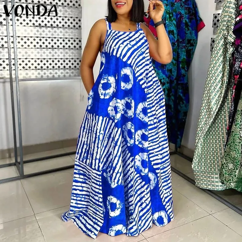Plus Size 5XL Summer Bohemian Printed Maxi Dresses Sleeveless Party Beach Sundress Tank Long Vestido Casual Holiday Robe
