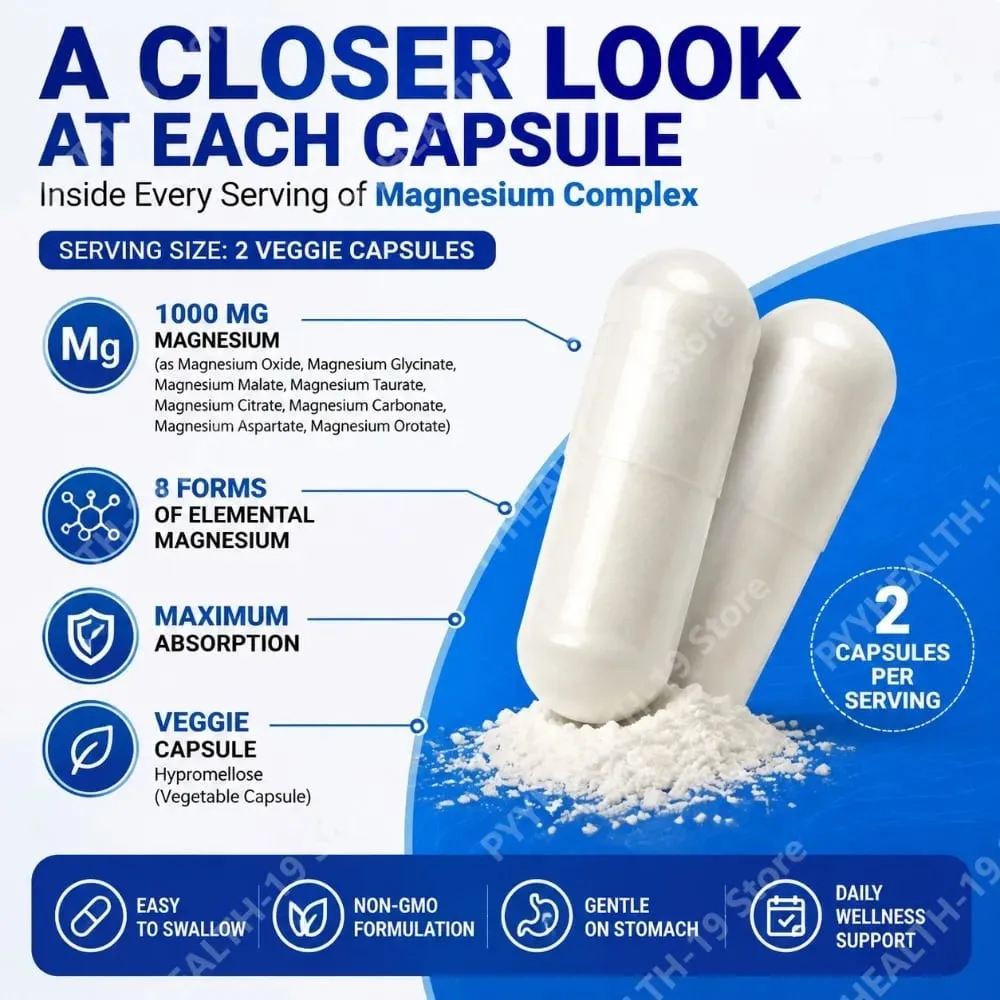 Cápsulas de complexo de magnésio 8 formas 1000 mg de óxido de glicinato malato para osso do sono, suporte muscular e bem-estar, adulto, 90 contagens