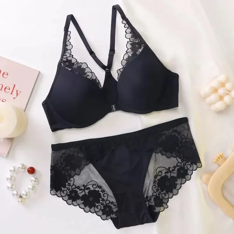 Seamless Front Buckle Halter Bra Soft Underwire Thin Summer Push Up Small Bust Minimizer Big Chest Sexy Back Lingerie 32-38 Set