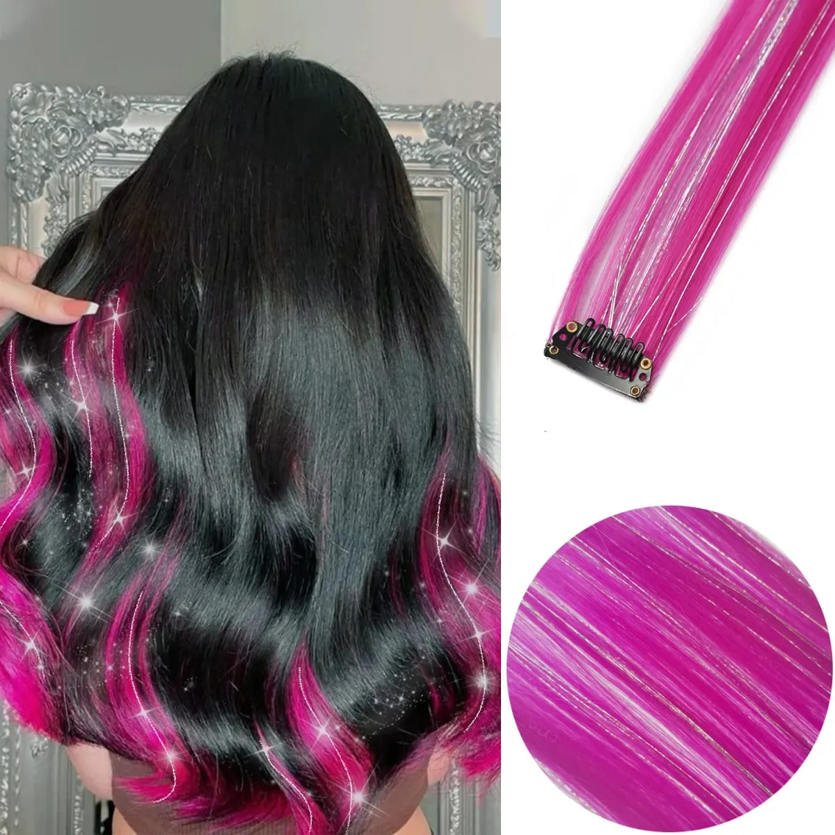 6 unidades/pacote colorido festa destaques clipe em extensões de cabelo 22 polegadas multi-cores cabelo liso sintético postiços — image 35