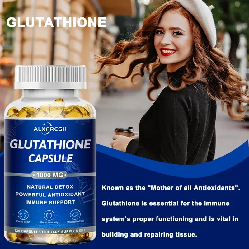 Cápsulas de glutationa, suplementos antioxidantes, melhoram o sistema imunológico e a saúde da pele, clareamento, beleza, cuidados com a pele e anti-envelhecimento