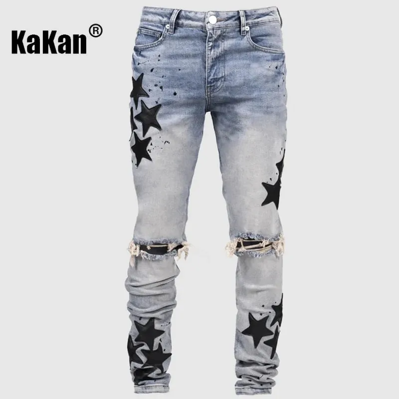 Kakan - Novo jeans masculino azul slim fit com remendo Y2k com design estampado jeans longo marca masculina — image 5